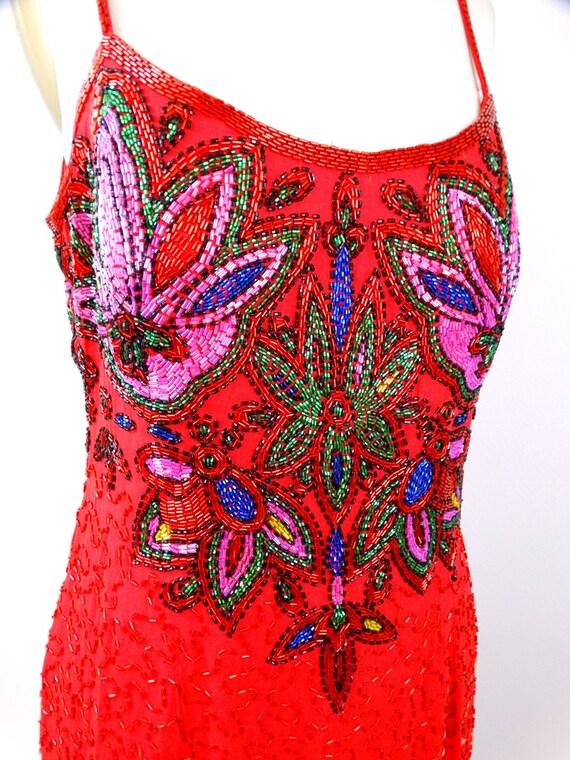 Red Silk Pink Beaded Dress // Bright Sequin Embel… - image 7