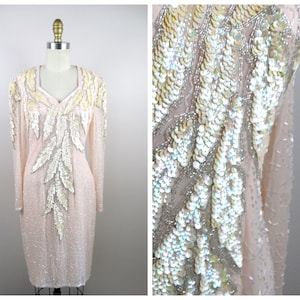 Lillie Rubin Silk Beaded Dress // Iridescent Ivory Sequin Pink Dress // Vintage Wedding Dress