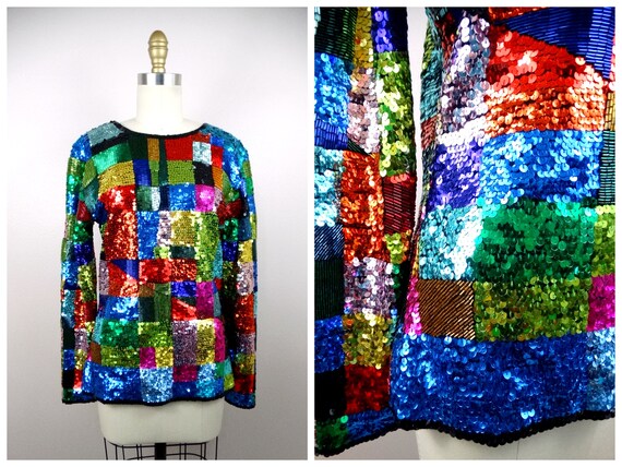 Retro Rainbow Sequin Top / Colorful Colorblock Be… - image 5