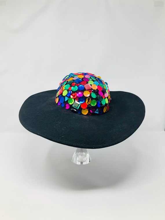 90s Vintage Jewel Beaded Cartwheel Hat / Bejeweled Sequined  display picture 2