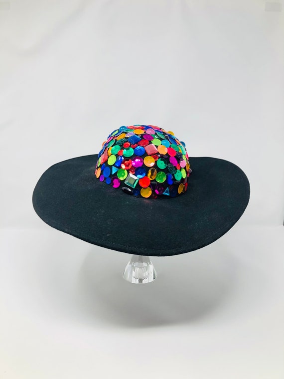 90s Vintage Jewel Beaded Cartwheel Hat / Bejewele… - image 10