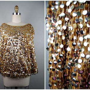 50s 60s MOD Fringe Beaded Top / 1950&#39;s 1960&#39;s Gold Sequin Paillette Cardigan Sweater