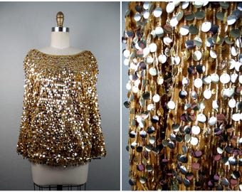 50er 60er Jahre MOD Fransen Perlen Top / 1950 1960 Gold Pailletten Paillette Cardigan Sweater
