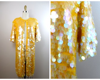 60s Paillette Sequined Long Cardigan Sweater Dress // Bright Yellow Iridescent Sequined Duster Jacket Shrug