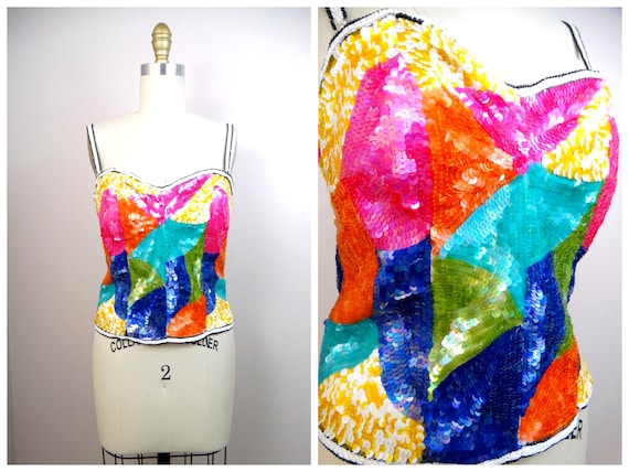 Neon Sequin Top / BRIGHT Vintage Beaded Bustier - image 1