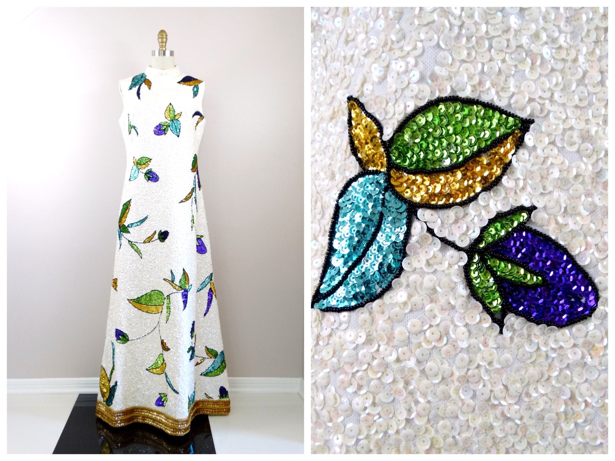 60S Couture Vintage Sequined Gown // 1960's Sequin Embellished Full Length Dress 60's Fashion Evening Ballgown By Helen Wong