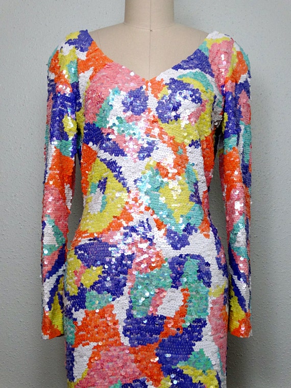 M/L Pastel Sequin Dress // Bright & Colorful Sequ… - image 2