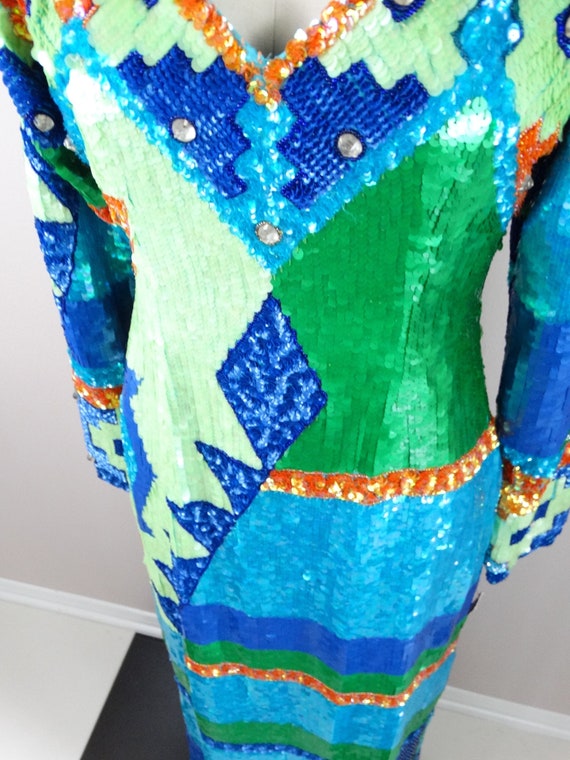 80s Geometric Sequin Dress // Retro Vintage Sequi… - image 6