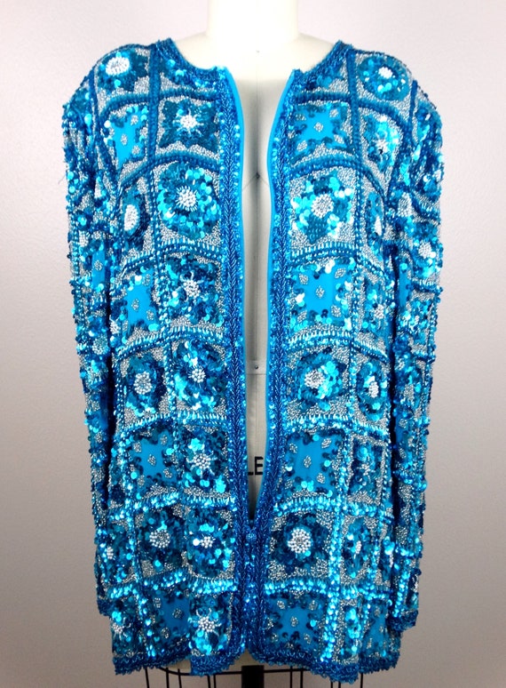 L/XL Fully Sequined Hand Beaded Jacket // Bright … - image 3