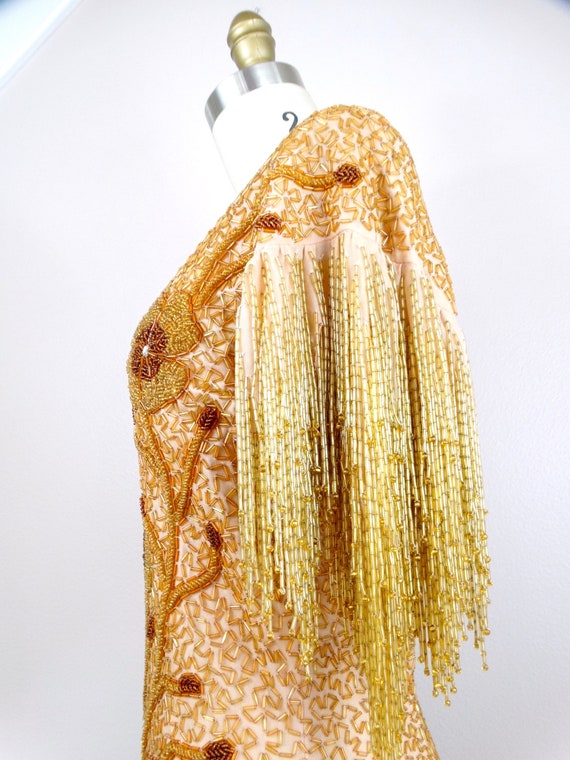 HEAVY Fringe Beaded Mini Dress // Glam Gold Haute… - image 7