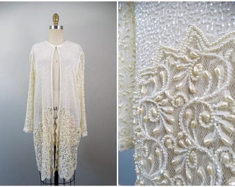 Pearl Beaded Lace Embellished Long Jacket / Sheer Wedding Duster with Pearls