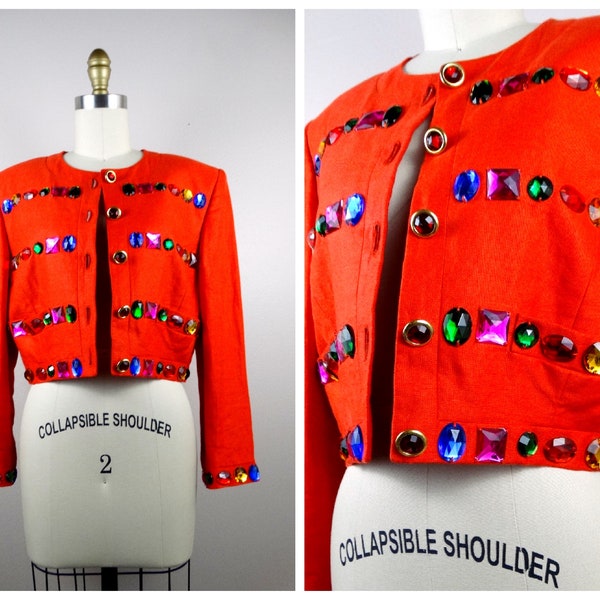 90s ESCADA Jewel Embellished Cropped Blazer / Retro Rainbow Gems & Jewels Red Bolero Jacket