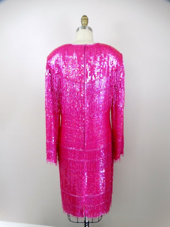 M/L Bright Pink Fringe Beaded Dress // 1980s Silk… - image 5