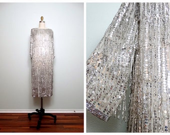 All Over Fringe Beaded Dress / Mirrored Sequined Dress / Silver Fringed Sequin Flapper