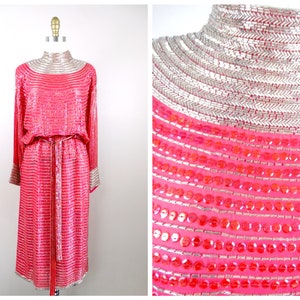 Strawberry Pink Sequined Beaded Gown // Bright Sequin Embellished Silver Beaded High Neck Dolman Sleeve Dress w/ Cinched Waist and Belt