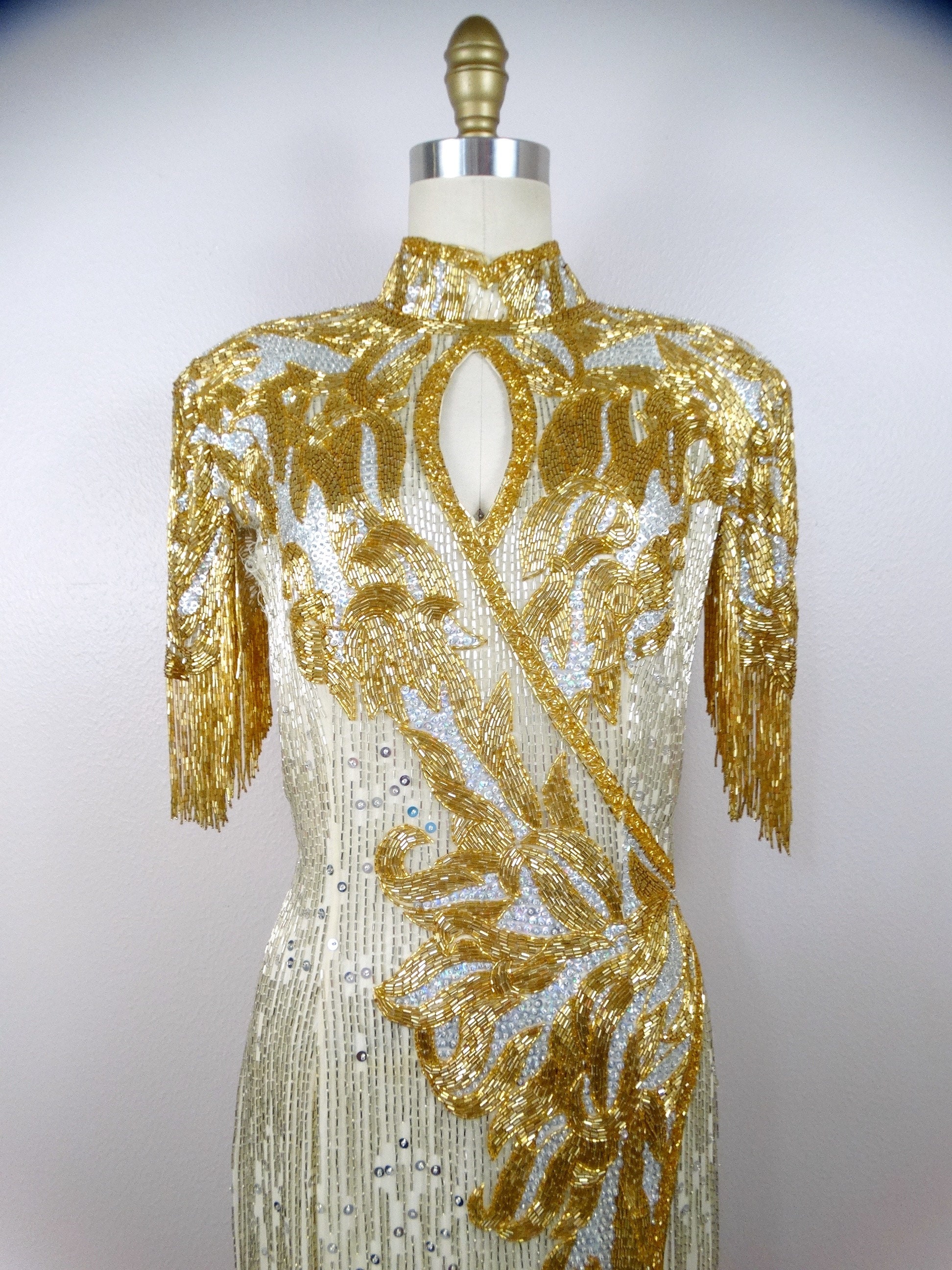 DAZZLING Beaded Fringe Gown // Avant Garde Vintage Couture Silver and Gold Beaded Sequined Dress