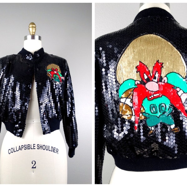 Jeanette's Kids Sequin Bomber Jacket / RARE Yosemite Sam Cartoon Character Sequin Jacket Child's Size Large