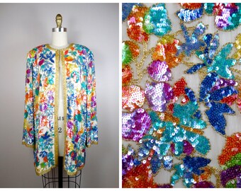 Cárdigan largo de lentejuelas en tonos pastel de colores / Blazer vintage con cuentas / Chaqueta de lentejuelas iridiscentes