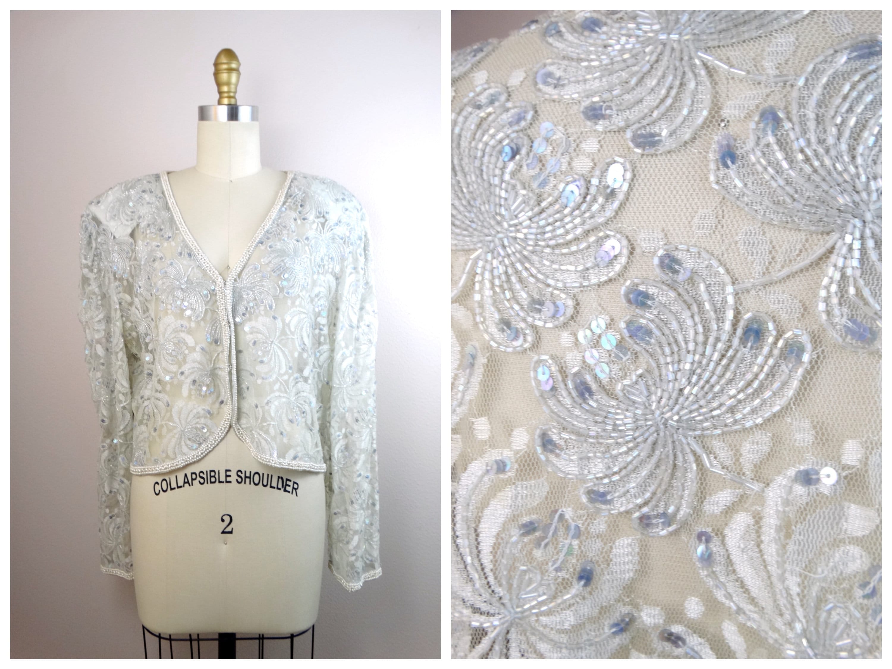 L XL Sheer Sequined Lace Cardigan Light Blue Gray Iridescent Sequin…
