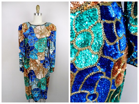 80s Vintage Sequined Beaded Dress Bright Blue Green and Gold Floral Sequin Dress