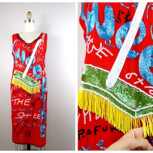 POP ART Beaded Dress / RARE Novelty Scene Sequin Dress / Glam Fringe Beaded Wearable Art / Sweeping Broom Dress