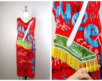POP ART Beaded Dress / RARE Novelty Scene Sequin Dress / Glam Fringe Beaded Wearable Art / Sweeping Broom Dress