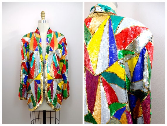 Mosaic Sequin Vintage Jacket / Colorful Fully Emb… - image 1