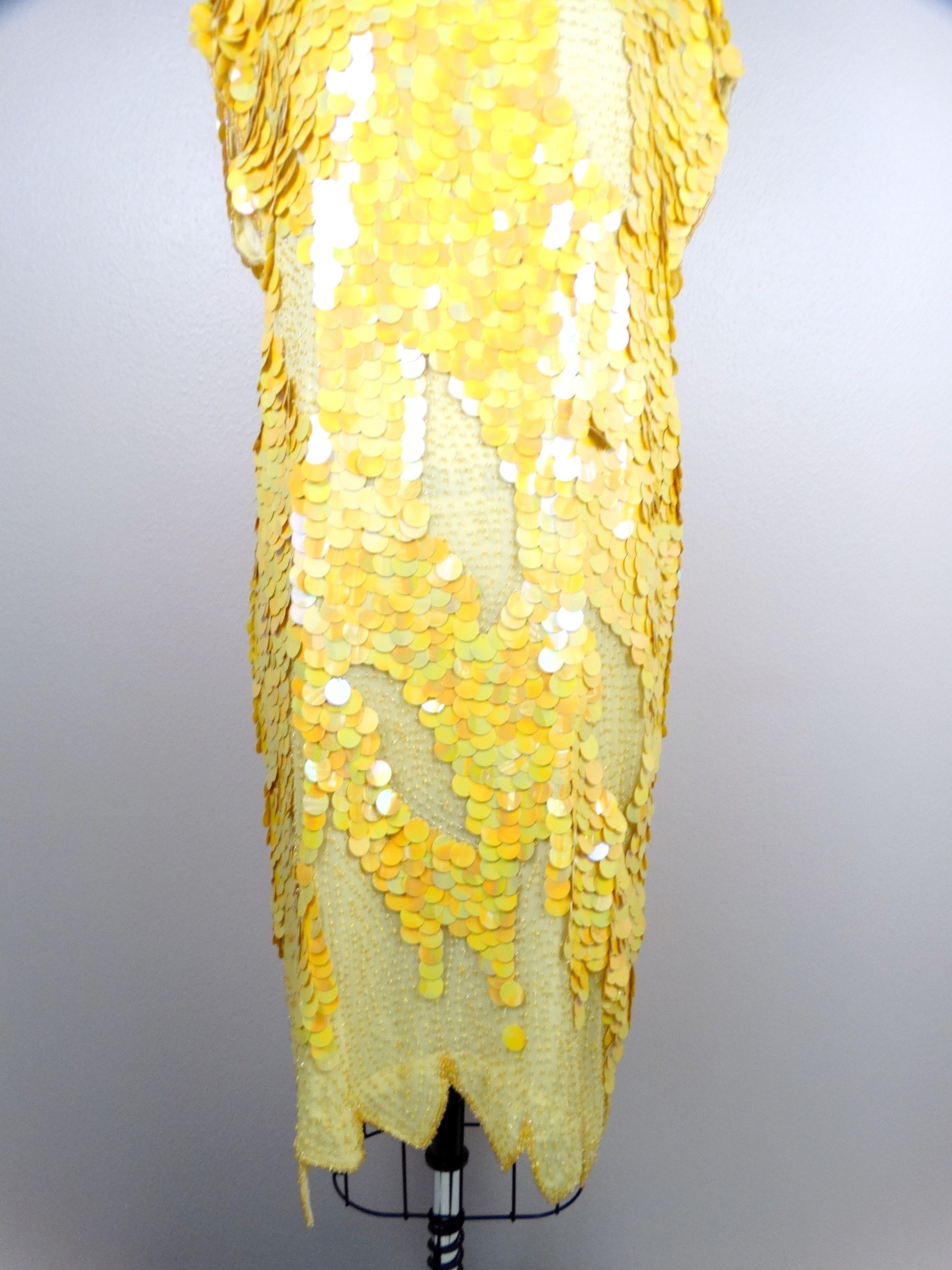 Yellow Paillette Sequin Dress / Bright Silk Embellished Midi Gown - - Deadstock w/ Original Tags