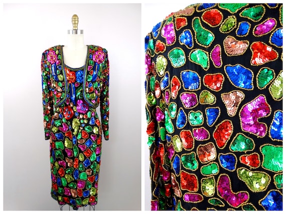 RAINBOW Sequin Dress W/ Bolero / RETRO Beaded Cocktail Dress and Mini  Jacket - Etsy