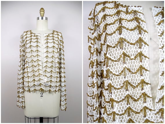 RARE Gold Beaded Fringe Lace Bolero Cardigan by S… - image 9