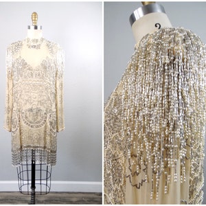 80s Couture Fringe Beaded Sheer Dress // Fringed Glam Mini Dress Shell // Taupe Beige and Silver Embellished Mini Dress