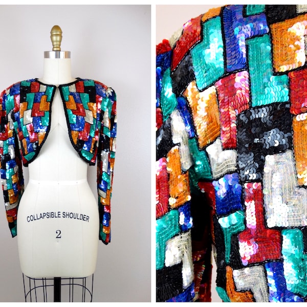 Colorblock Sequin Bolero / Jeweled Sequined Cropped Jacket / Retro Color Block Sequin Shrug