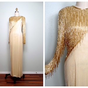 STUNNING Gold Fringe Beaded Gown / Vintage Couture Embellished Dress / Gold Fringe Beaded Wedding Gown