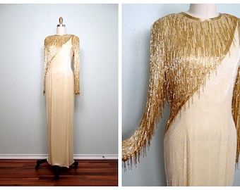 PRACHTIGE jurk met gouden franjes / vintage met couture verfraaide jurk / trouwjurk met gouden franje en kralen