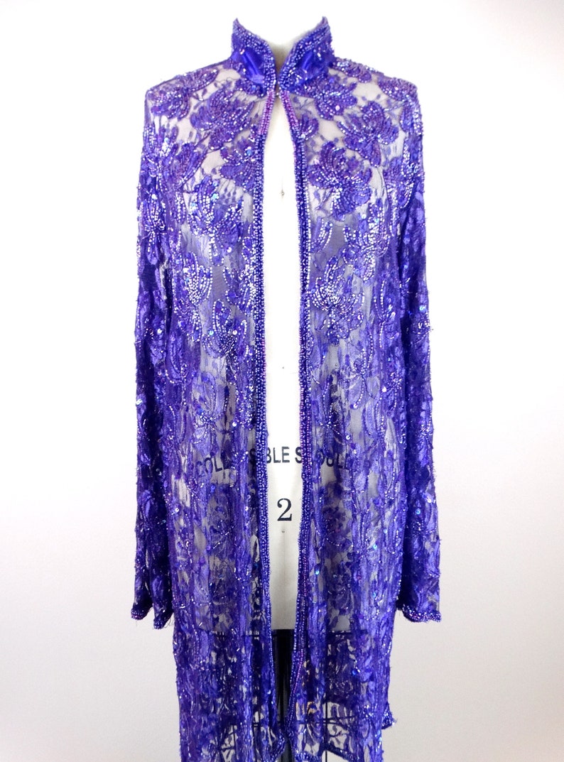 XL Purple Lace Sequined Beaded Long Jacket Boho Embellished Sheer Duster Purple Beaded Sequin Evening Overcoat