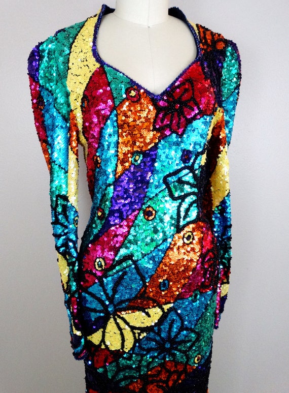 Heavily Beaded Rainbow Sequined Dress // Colorful… - image 3