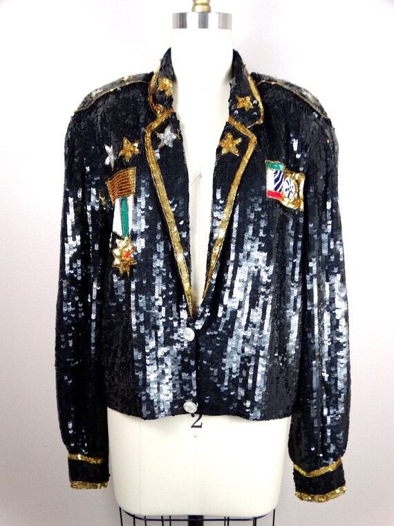 Military Style Sequin Jacket // 80s Star Bomber J… - image 2