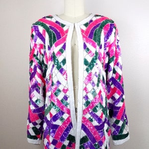 L/XL Pink Purple & White Sequin Beaded Long Jacket / Bright Sequined Embellished Silk Cardigan Large image 3