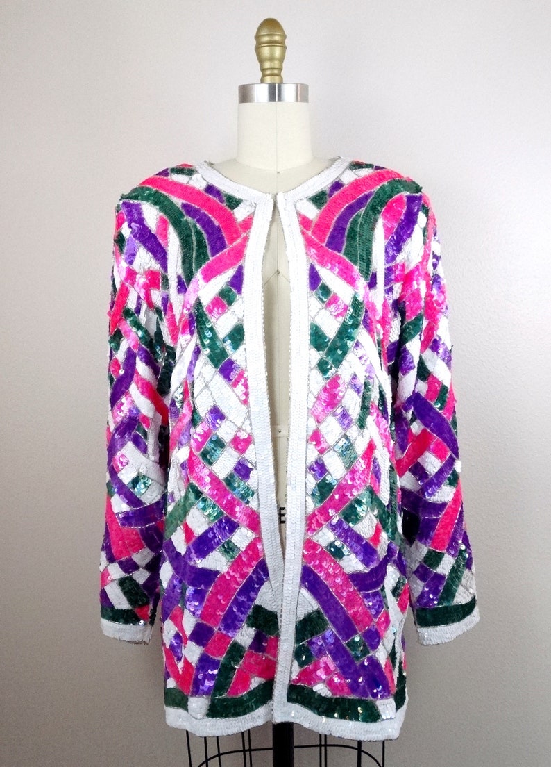 L/XL Pink Purple & White Sequin Beaded Long Jacket / Bright Sequined Embellished Silk Cardigan Large image 3