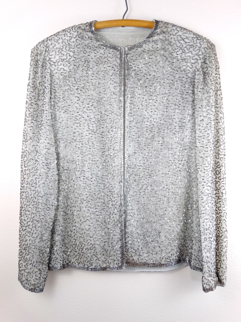 SM Silver Bugle Bead Evening Jacket White Gray Silver Beaded Silk Jacket by Victoria Royal LTD