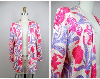 70s Sequined Long Cardigan by Harold Levine / Retro NEON Pink and Purple Sequin Jacket / Psychedelic All Embellished Blazer w/ Pockets