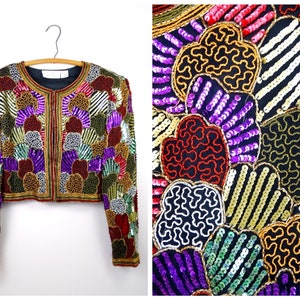 L/XL Glam Sequin Bolero Jacket / Gold Green Purple and Red Sequined Beaded Cropped Jacket Extra Large