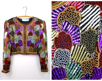 L/XL Glam Sequin Bolero Jacket / Gold Green Purple and Red Sequined Beaded Cropped Jacket Extra Large