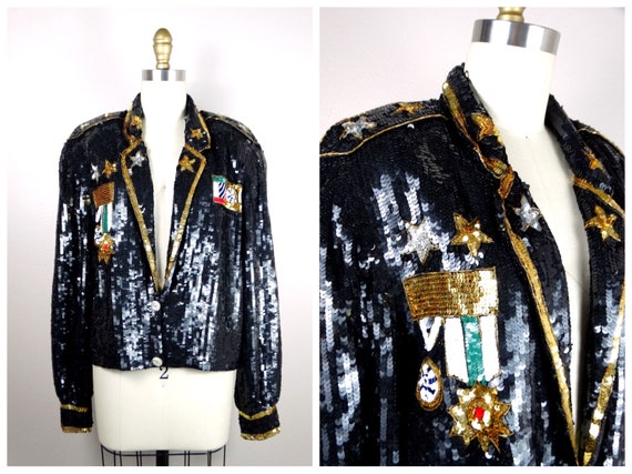 Military Style Sequin Jacket // 80s Star Bomber J… - image 1