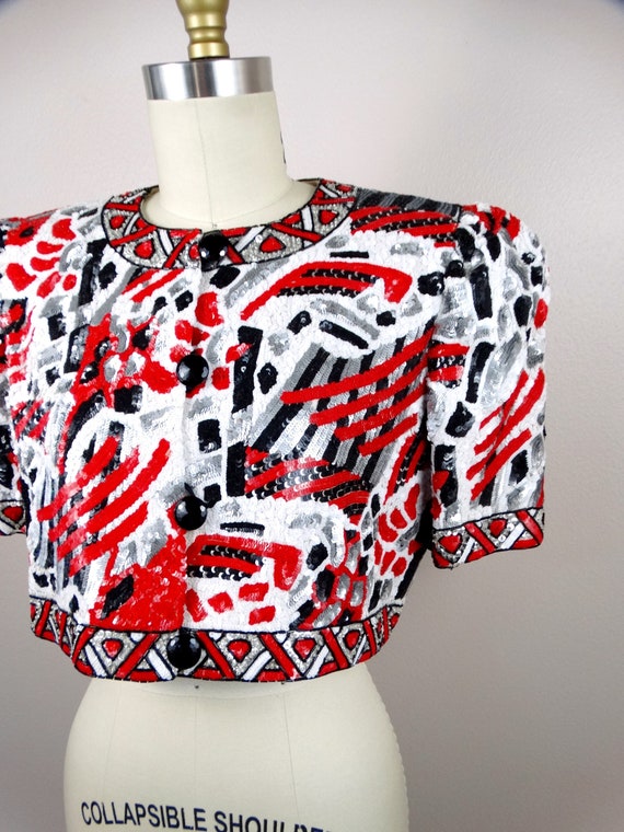 COUTURE Fully Sequined Bolero Shrug // RARE Red S… - image 3