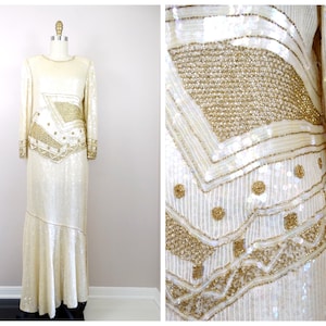 Ivory Sequin Gold Beaded Gown / Vintage Sequined Embellished Wedding Dress