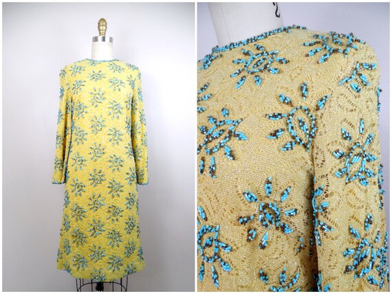 60s Mod Embellished Lace Dress // 1960s Mustard Y… - image 9