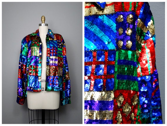Colorblock Christmas Sequin Jacket / Colorful Pre… - image 1