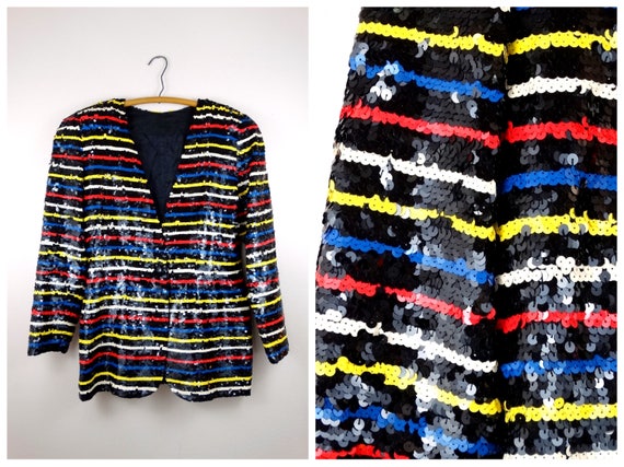 80s 90s Striped Sequin Blazer / Red Yellow Blue S… - image 1