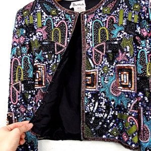 VTG Color Pop Sequin Jacket / 80's Pastel Embroidered Bolero / Geometric Sequined Beaded Evening Jacket image 2